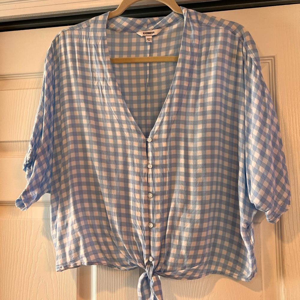 Baby blue & white plaid top